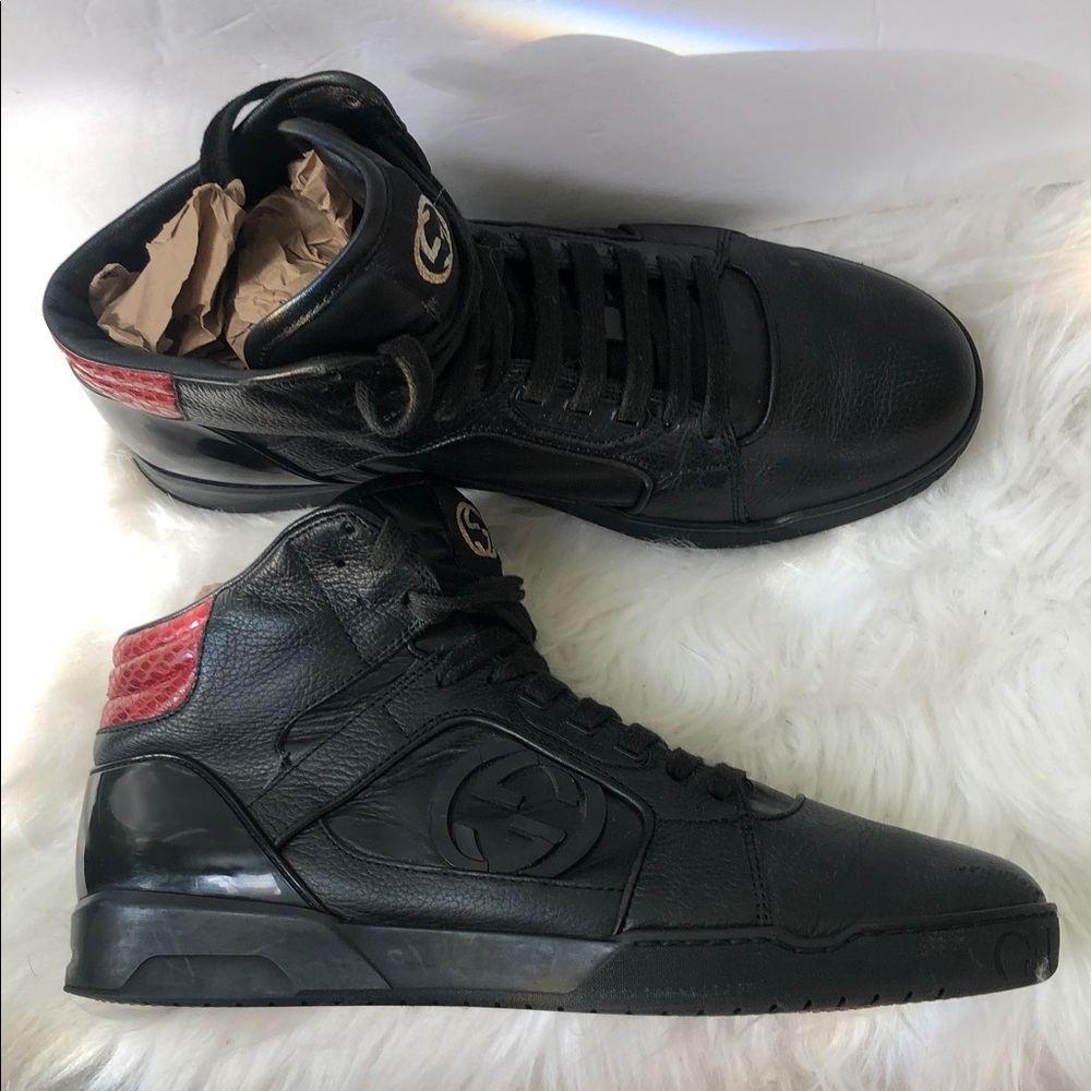 Gucci Men's Black Leather Sneakers Size 6.5 Black High Lace Up Sneakers w/COA - Picture 5 of 10